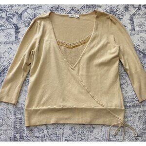 Cato XL Gold Wrap Style Sweater With Embellished Neckline & 3/4 Sleeves Stretch